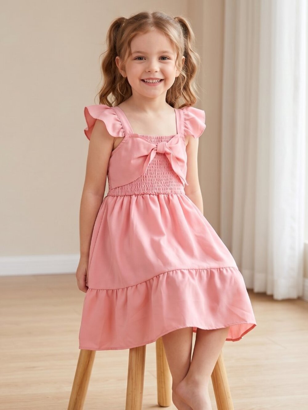 NWOT | Girl's Coral Pink Smocked Flutter Sleeve Tiered Ruffle Hem Dress | 6Y